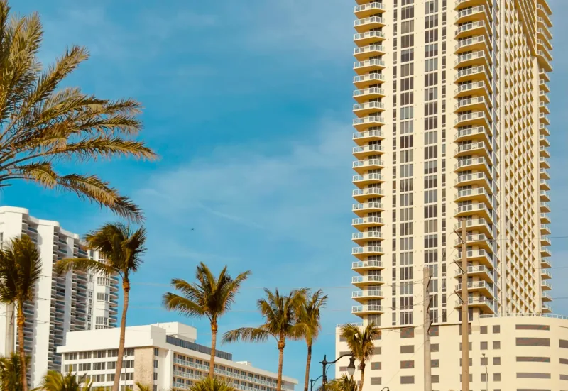 High-rise condominium towers behind a line of palm trees, photographed from below against a blue sky.